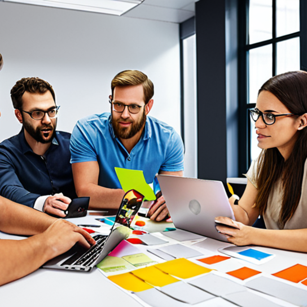 **A diverse team of startup members collaborating on a digital Kanban board filled with colorful cards, using laptops and tablets in a modern, brightly lit office space. Focus on teamwork, productivity, and the digital tools they're using.** (Emphasizes project management and digital collaboration, relevant to startups.)