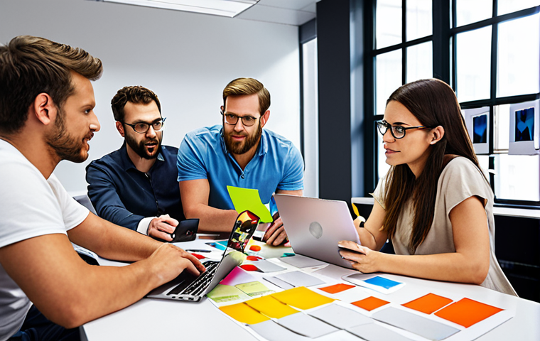 **A diverse team of startup members collaborating on a digital Kanban board filled with colorful cards, using laptops and tablets in a modern, brightly lit office space. Focus on teamwork, productivity, and the digital tools they're using.** (Emphasizes project management and digital collaboration, relevant to startups.)