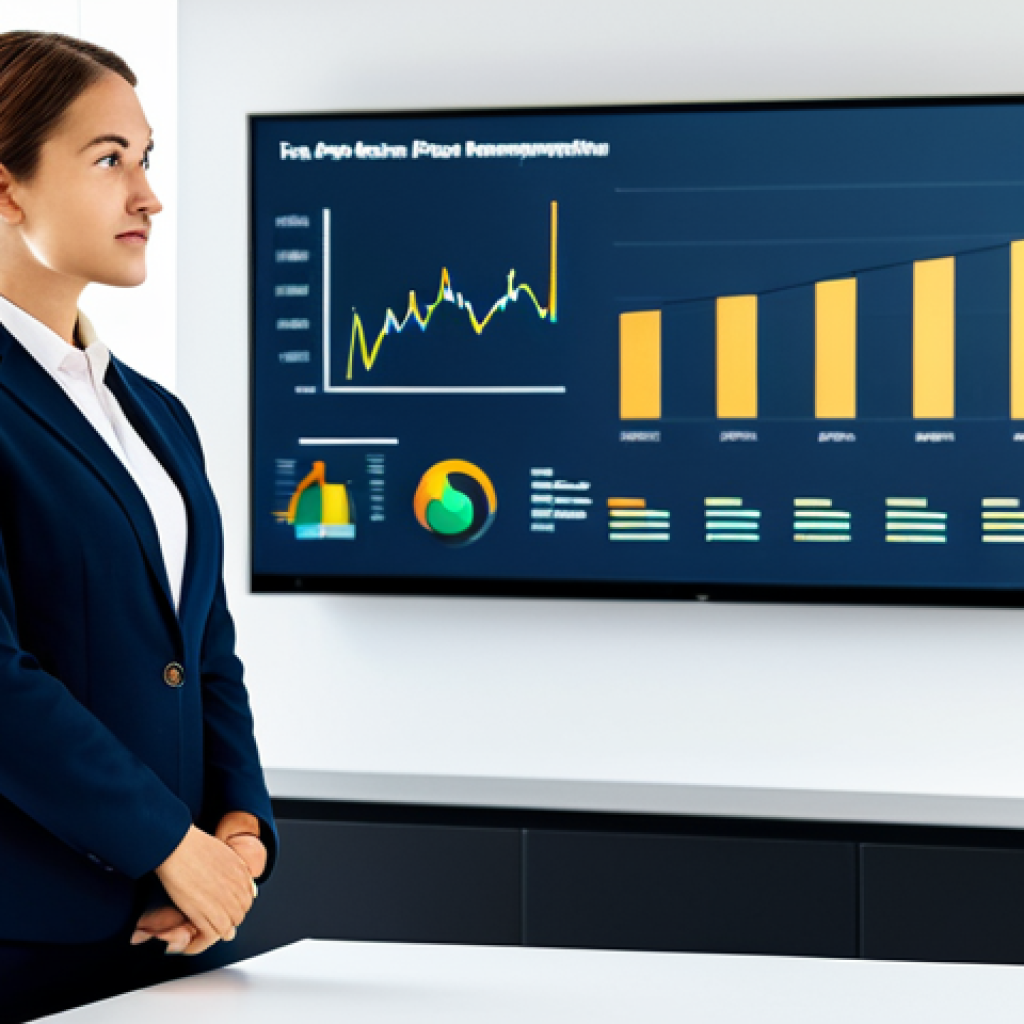 A professional female startup CEO in a modest business suit, standing confidently and gesturing towards a large, transparent screen. The screen displays dynamic, easy-to-understand data visualizations, including a clear line graph showing projected revenue growth, a concise bar chart comparing market segments, and an engaging infographic depicting customer acquisition. In a modern, well-lit boardroom, several diverse, professional investors are seated at a polished conference table, attentively observing. The setting is clean and focused. Professional photography, high resolution, soft lighting, natural pose, perfect anatomy, correct proportions, well-formed hands, proper finger count, natural body proportions, safe for work, appropriate content, fully clothed, professional, modest attire.
