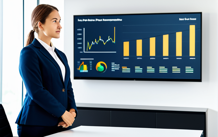 A professional female startup CEO in a modest business suit, standing confidently and gesturing towards a large, transparent screen. The screen displays dynamic, easy-to-understand data visualizations, including a clear line graph showing projected revenue growth, a concise bar chart comparing market segments, and an engaging infographic depicting customer acquisition. In a modern, well-lit boardroom, several diverse, professional investors are seated at a polished conference table, attentively observing. The setting is clean and focused. Professional photography, high resolution, soft lighting, natural pose, perfect anatomy, correct proportions, well-formed hands, proper finger count, natural body proportions, safe for work, appropriate content, fully clothed, professional, modest attire.