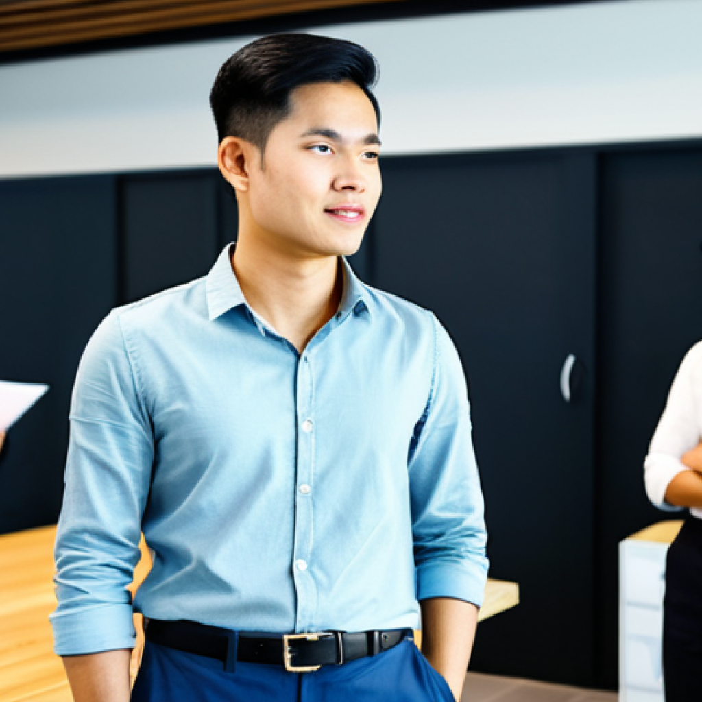 ** A young Thai entrepreneur in a modern, fully-clothed business casual outfit, confidently presenting a pitch deck in a brightly lit co-working space in Bangkok. The background includes diverse team members collaborating and brainstorming. Safe for work, appropriate content, professional, perfect anatomy, natural proportions, family-friendly.
**