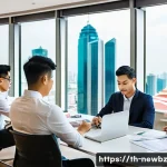 스타트업 심사에서의 법적 고려사항 - A modern Thai startup office scene showing a diverse group of young professionals in business casual...
