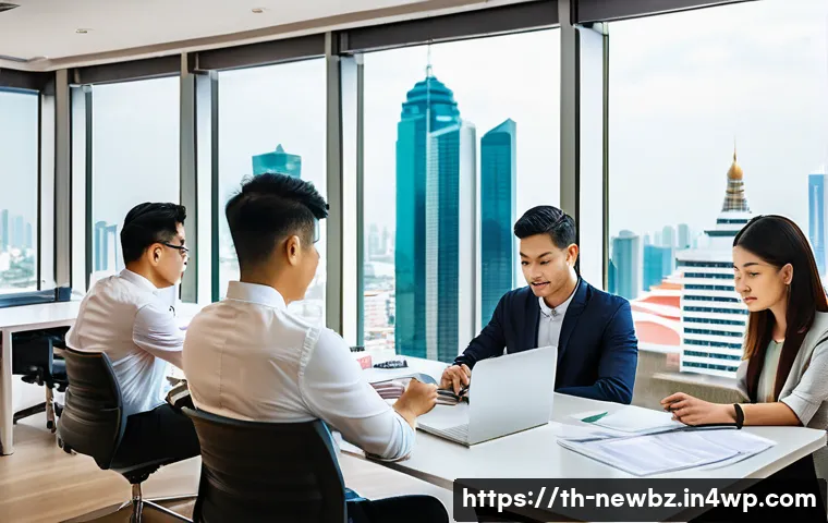 스타트업 심사에서의 법적 고려사항 - A modern Thai startup office scene showing a diverse group of young professionals in business casual...