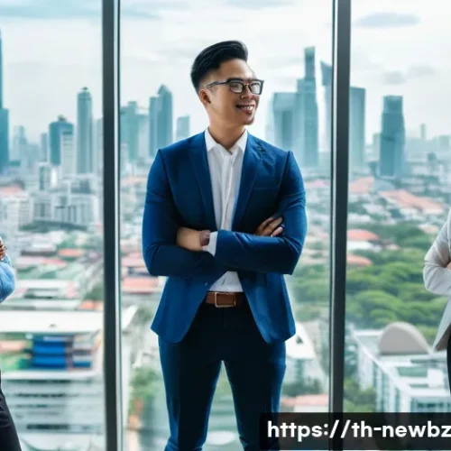 스타트업 심사에서의 경영진 평가 기준 - A professional Southeast Asian startup leader standing confidently in a modern office with large win...