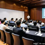 스타트업 투자자와의 네트워킹 팁 - A professional startup pitch event in a modern Bangkok conference hall filled with diverse Thai entr...