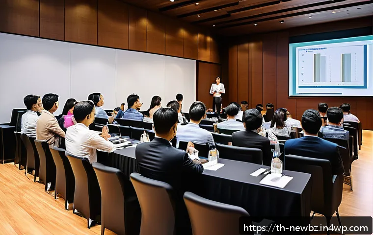 스타트업 투자자와의 네트워킹 팁 - A professional startup pitch event in a modern Bangkok conference hall filled with diverse Thai entr...