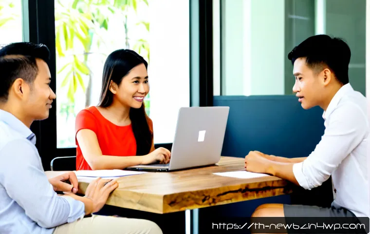 초기 스타트업의 팀 구성 평가 방법 - Photorealistic early-stage startup team evaluation meeting in a bright Bangkok coworking space, four...